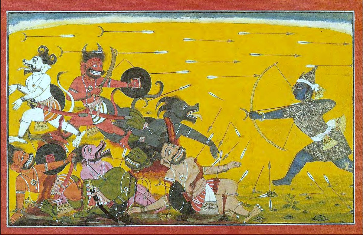Rama slays the Rakshasas
Ascribed to Pandit Seu of Guler, c 1720
Govt Museum and Art Gallery #Chandigarh
@museumchd 

This is the best version I could find of this delightful painting. I wish the paintings in the Chandigarh Museum were digitized and made available online.