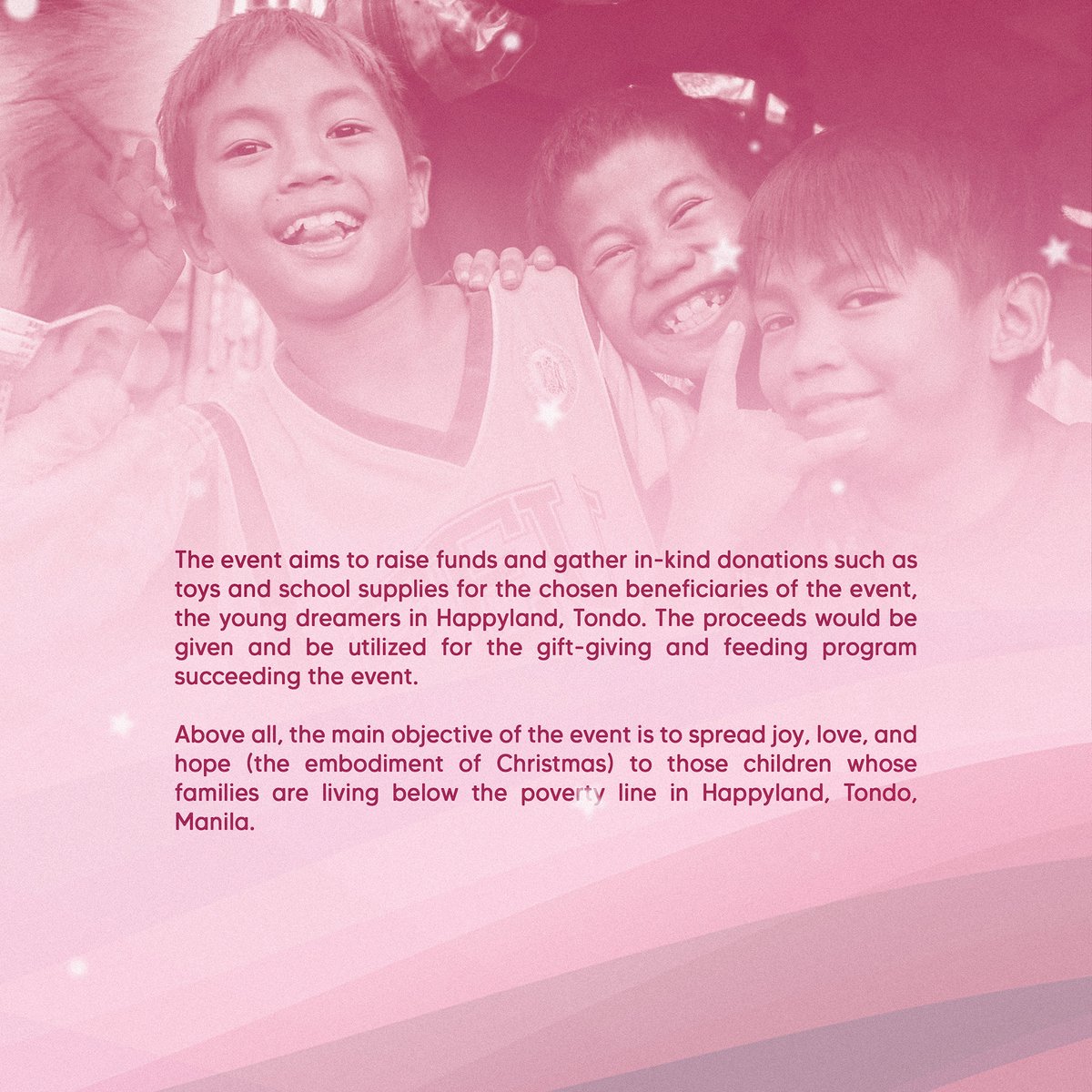 FEUCollegeYC's tweet photo. The Christmas season is just around the corner. Let’s make it more merry and extraordinary by bringing happiness to the young dreamers of Happyland, Tondo. ✨

Know more about #KapitBisig through the information stated below.

#HappinessForHappyland https://t.co/XweDz95Z8a