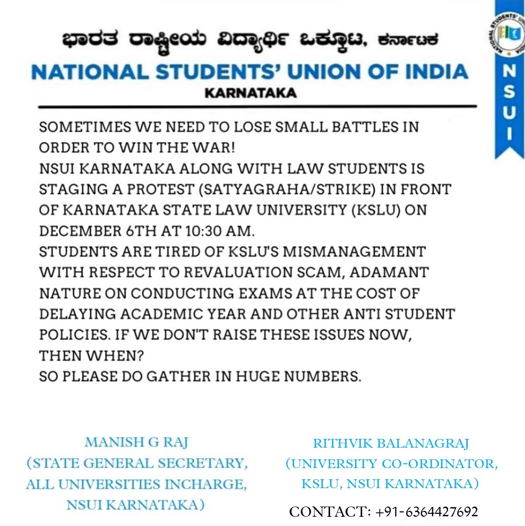 KSLU_Students's tweet photo. @NSUIKarnataka is fighting strong with us! 
Please do not miss this chance to show our dissent. 
@Jayandershahi 
@MANISH_G_RAJ https://t.co/xZaECBOrHw