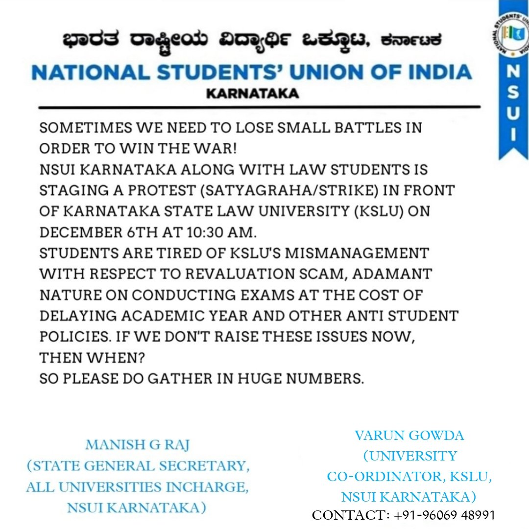 KSLU_Students's tweet photo. @NSUIKarnataka is fighting strong with us! 
Please do not miss this chance to show our dissent. 
@Jayandershahi 
@MANISH_G_RAJ https://t.co/xZaECBOrHw