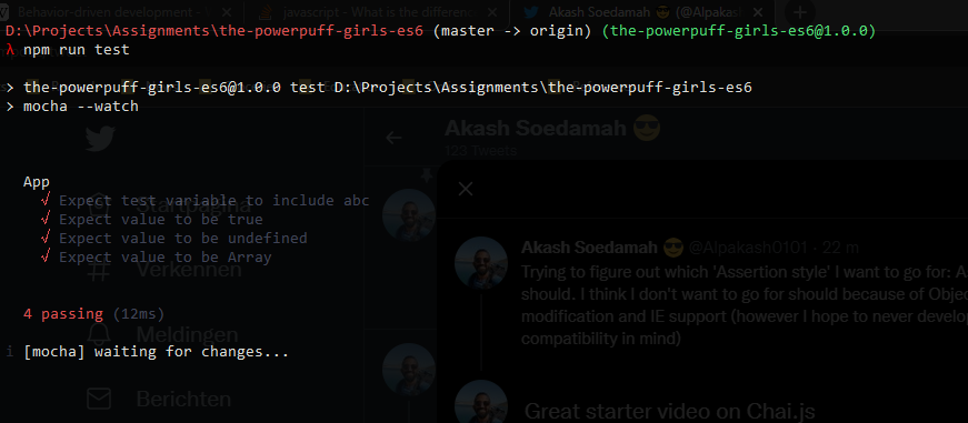 Alpakash0101's tweet photo. Great starter video on Chai.js https://t.co/zHayLIHSEG. Installed the VSC extension "Chai snippets". Going for expect BDD style approach for now. I think it's more expressive and probably easier to learn. Done with day 2, time for fun and games! #testspassed #100DaysOfcode https://t.co/8ZgWFf8WeG
