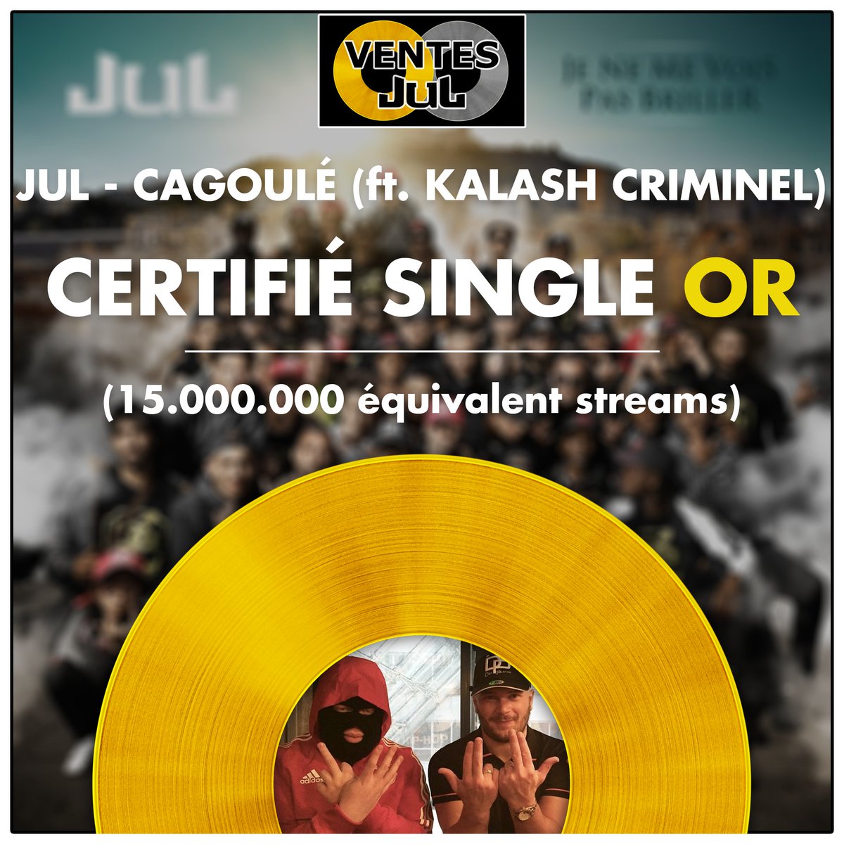 ventes_jul's tweet photo. CAGOULÉ ft. @KalashCriminel est certifié single OR 📀

Le 2e feat certifié entre ces deux monstres 🎉

C'est le 89e single certifié pour Jul, le 9e pour Kalash Criminel et le 3e de l'album JE NE ME VOIS PAS BRILLER https://t.co/J9u8Xep0ff