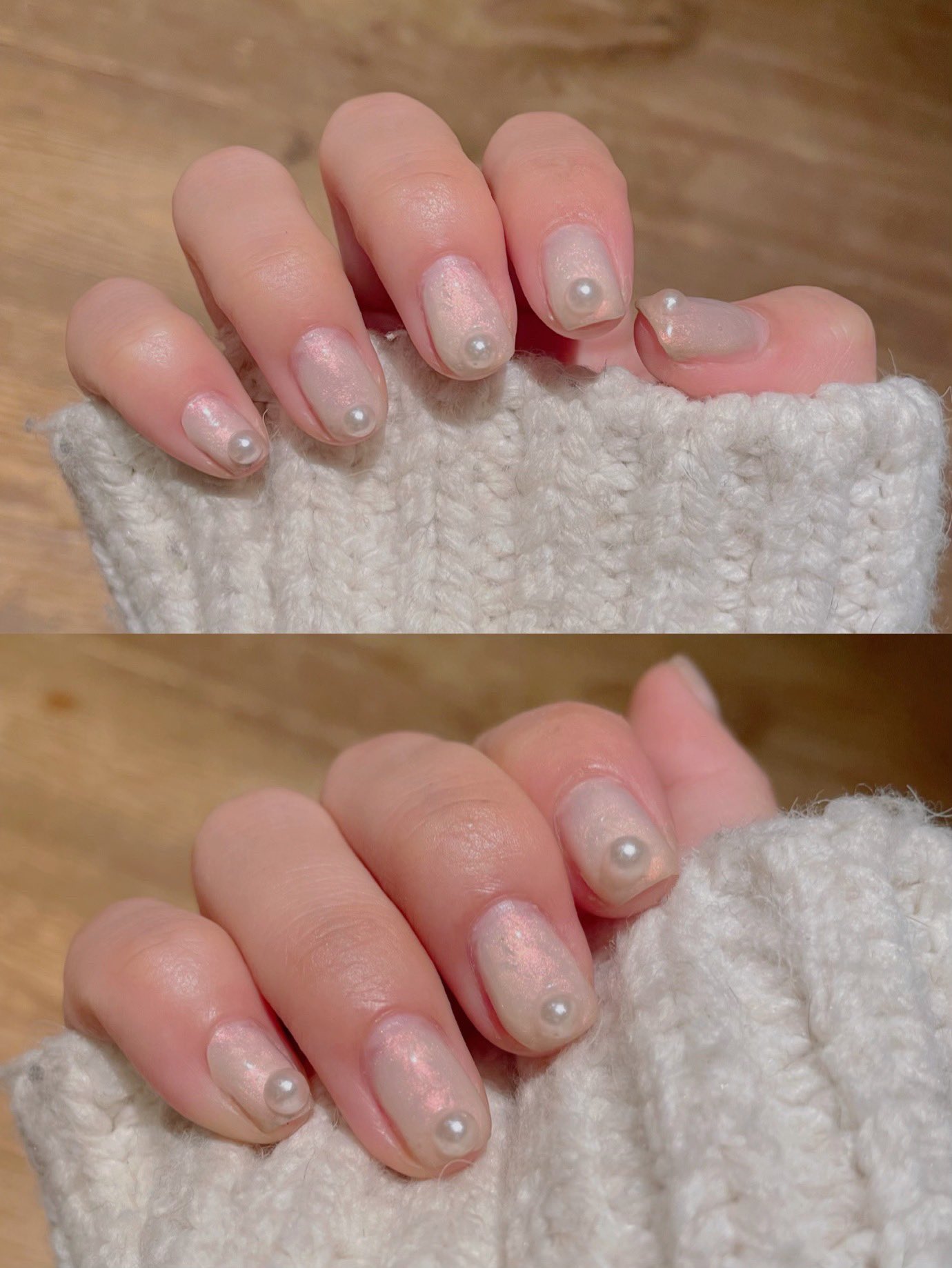 佐鳥 オパールジェルを単色塗りして爪の先端にパール置くの めちゃめちゃ可愛い オパールの質感が貝殻っぽくてパールと相性最高 勿論マニキュアでも シマーな質感のネイルはムラが目立ちにくくて塗りやすい ムラも味になる からすごくおすすめ 本当に