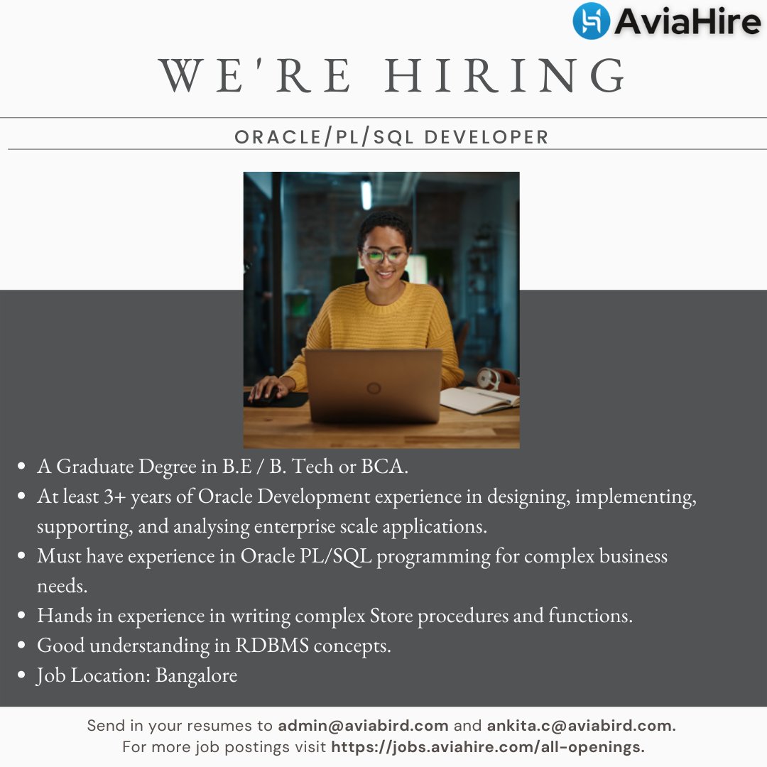 avia_bird's tweet photo. We are #hiring for multiple roles! Check the below posters!
If you like working in a high-output environment and gaining ownership of what you do, then these jobs are for you!
Apply here: https://t.co/I0hBrkWo7h
#oraclejobs #oracledeveloper #softwareengineer #softwareengineerjobs https://t.co/VrlHidH7CW