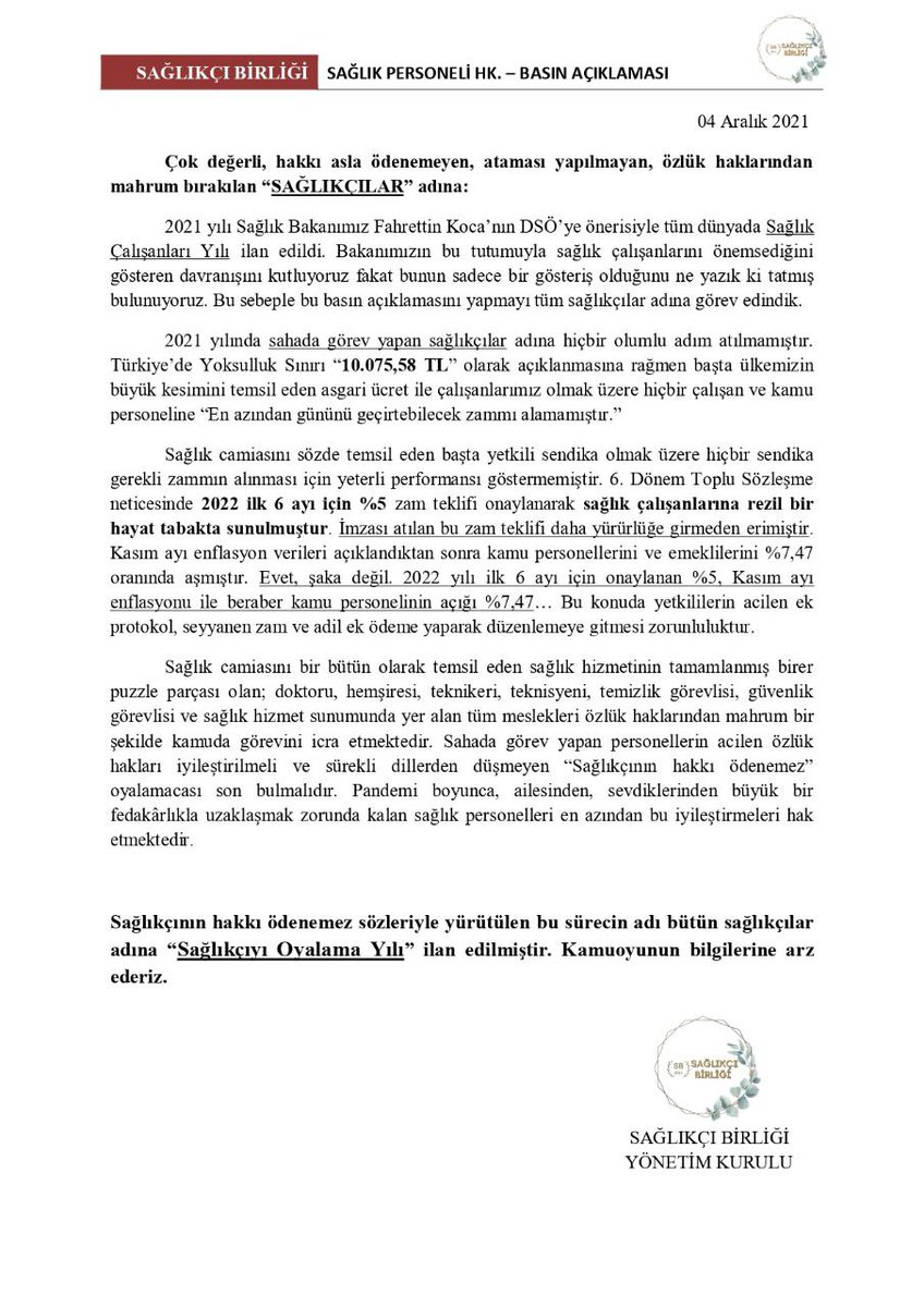 Kamuoyuna duyuru!

2021 yılı sağlıkçılar için hüsran dolu bir yıl olmuştur. Gerek sahadaki personel gerekse atama bekleyen sağlıkçı yıpranmış ve tükenmiştir. #SağlıkçıyıOyalamaYılı 'nı uygulamaya devam edip milyonlarca sağlıkçıyı ve ailesini küstürmek kazanım değil, kayıptır.
