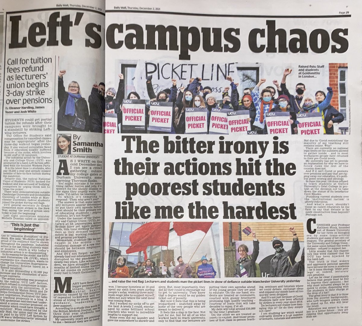 SamanthaTaghoy's tweet photo. Students have been affected by strikes every year since 2018.

We are treated as consumers, courted with glossy brochures and promises of first rate in-person teaching — promises that have been all too quickly broken.

✍️ Pleased to have a print piece in @DailyMailUK! https://t.co/8iSFCpMmVH