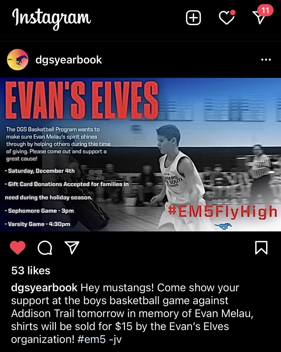 DGSActivities's tweet photo. Are you ready for some basketball? Be sure to cheer on our Mustangs this afternoon &amp; consider donating a gift card to help families in need or buying an Evan’s Elves shirt! Help @DGSBasketball make sure that Evan’s spirit shines through helping others! #dgspride #give #community https://t.co/hiblyT1fCL