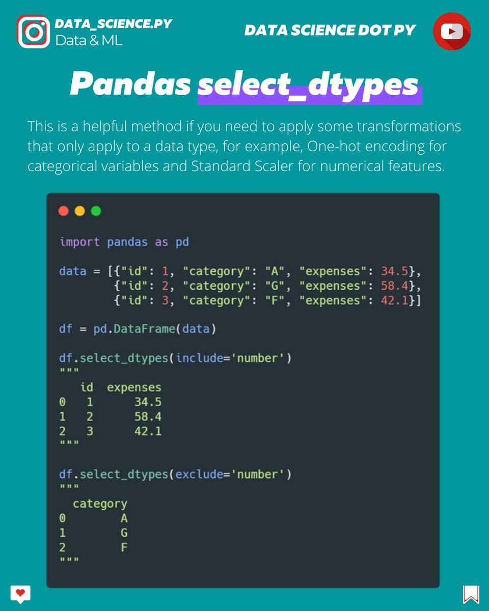 Data_Sciencepy's tweet image. Add this #pythonpandas method to your repertory 🐼
More #python3 and #MachineLearning
on my page and YouTube channel. 📽️
.
.
#pythonbeginner #pythontips #girlswhocode #codinggirls #java #html #js #girlsintech #whomenwhocode #css #womenintech #javascript #numpy #datascience