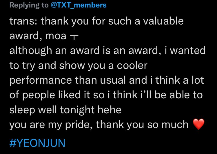 beomimycandy's tweet photo. never regret stanning them, this is ur payback for ur hardwork and u deserves this so much ! i wish i can give u all the awards and make u guys proud,  look how far you’ve come. i appreciate all the comforts u gives me. let’s always be together ^~^

my everything @TXT_members 💗 https://t.co/XbjofvGo20