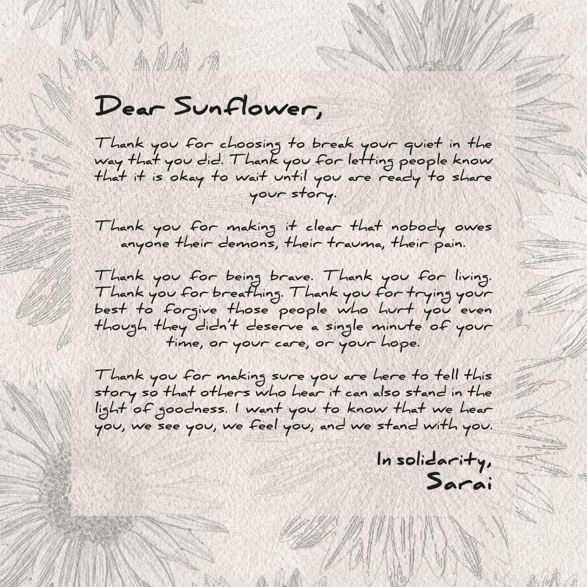 towhoeverpod's tweet photo. The first episode of To Whoever is Listening featured letters from Daisy and Sunflower. The letter from Sunflower was read by @saraichisala who also shared a few words of affirmation. Thank you Sarai.

Link to episode: https://t.co/0HEhLQBM9u https://t.co/X1yuF2CPo9