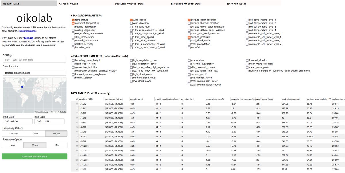 You can now download dynamically generated AMY EPW file for any location, from 1950 onward!

weatherdownloader.oikolab.com

<a href="/DruCrawley/">Dru Crawley</a> @kevinkircher @ranboydell <a href="/IBPSA_USA/">IBPSA-USA</a> <a href="/buildingphysics/">Mike Barker</a>