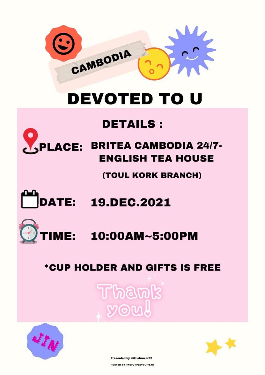 HAPPY JIN DAY 🎂🐹💙 <a href="/BTS_twt/">방탄소년단</a> 
JIN Global Cafe Event in Cambodia 🇰🇭 
“ Devoted to you “ 💙
Project by master nim : <a href="/ALittleBraver92/">A LITTLE BRAVER 🐬</a> 💙
Date: 19.Dec.2021
Time: 10:00am-5:00pm
Location: Britea Cambodia (Toul Kork)
#HAPPYJINDAY 
#MoonForJin 
See you soon Cam-ARMY