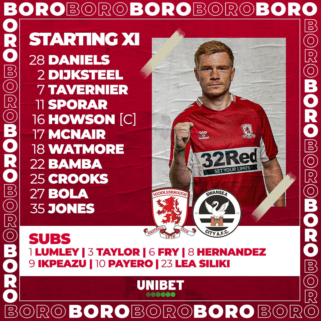 Boro's tweet photo. Here's the #Boro team 🔴⚪️ 

@unibet #UTB https://t.co/7Fd5dO9pAR