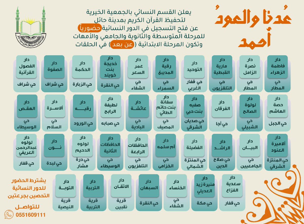 QHailOrg's tweet photo. العودة للدور النسائية ..|

"أيُّ سعدٍ؟  أيُّ خيرٍ اكتسانا!  أيُّ بشْرٍ؟  أيُّ حُبِّ قد غشانا! عادت حلقاتُنا  جذلٌ وودٌّ وريحانًا لك المحامدُ كُلها قلوبنا غدت بُستانا 🌸

للتواصل : 0551609111 https://t.co/2V6zMzZO9u