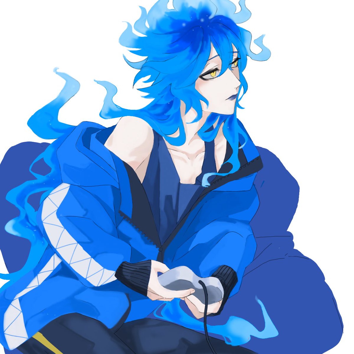 1boy fiery hair male focus long hair solo blue hair yellow eyes  illustration images