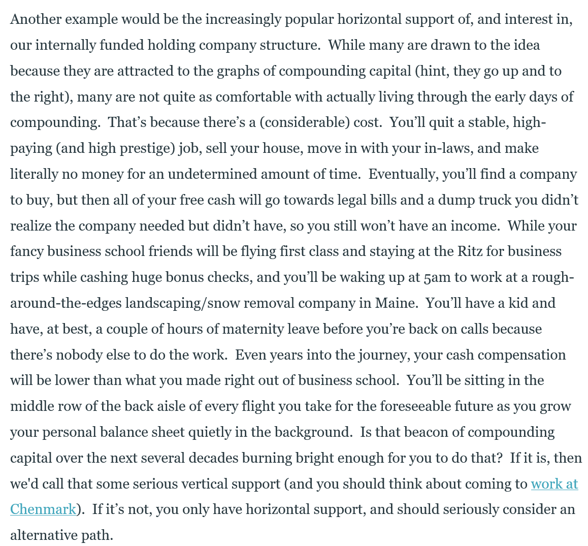 So you want to start a Holding Company...

See Chenmark's description of "the early days of compounding" before getting too starry eyed