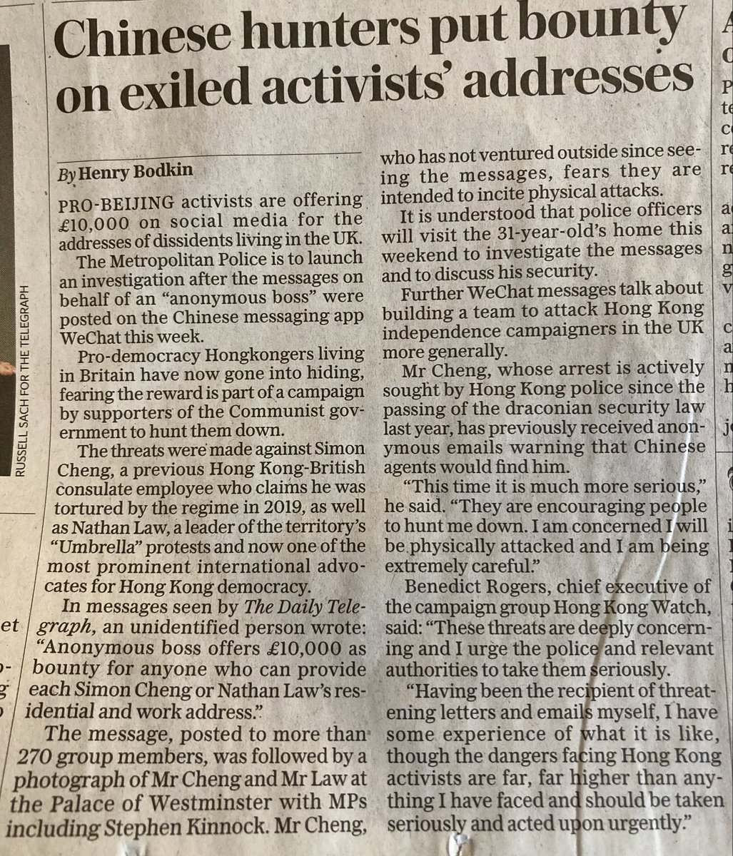 Telegraph reports on Bounty Hunters being paid thousands of pounds by pro CCP activists to hunt down exiled pro democracy activists. Social media should remove these incitements and police are right to investigate the identity of those responsible