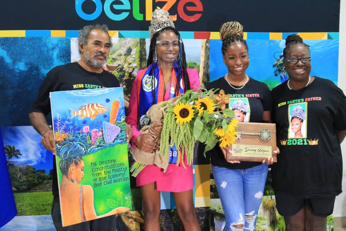 gobpressoffice's tweet photo. #MissEarth Destiny Wagner is home! 👑🌎 Hon. Andre Perez, Minister of Blue Economy &amp; Civil Aviation, CEO Kennedy Carrillo, Mayor Wagner &amp; the Bze CitCo, BTB, &amp; the Wagner Family welcomed Destiny to #Belize during a small ceremony at the PGIA. Welcome home, @destinyewagner ! 🇧🇿💖 https://t.co/ZhFbspEvEn