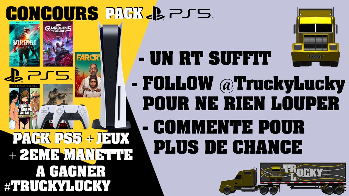 TruckyLucky's tweet photo. #Concours #Jeu
Comme promis gagnez 1 pack complet #PS5 !
1 #Playstation5 + 5 Jeux + 1 DualSense

- 1 #RT suffit

+ de chances :
📲 Sur l'app : https://t.co/enEiSqEzJT
💬 Commentez/mentions

Suivez @TruckyLucky pour +.

#CalendrierDeLavent #ps5restock #PS5Share #JeuConcours #Noel https://t.co/AkIJH9TcUy