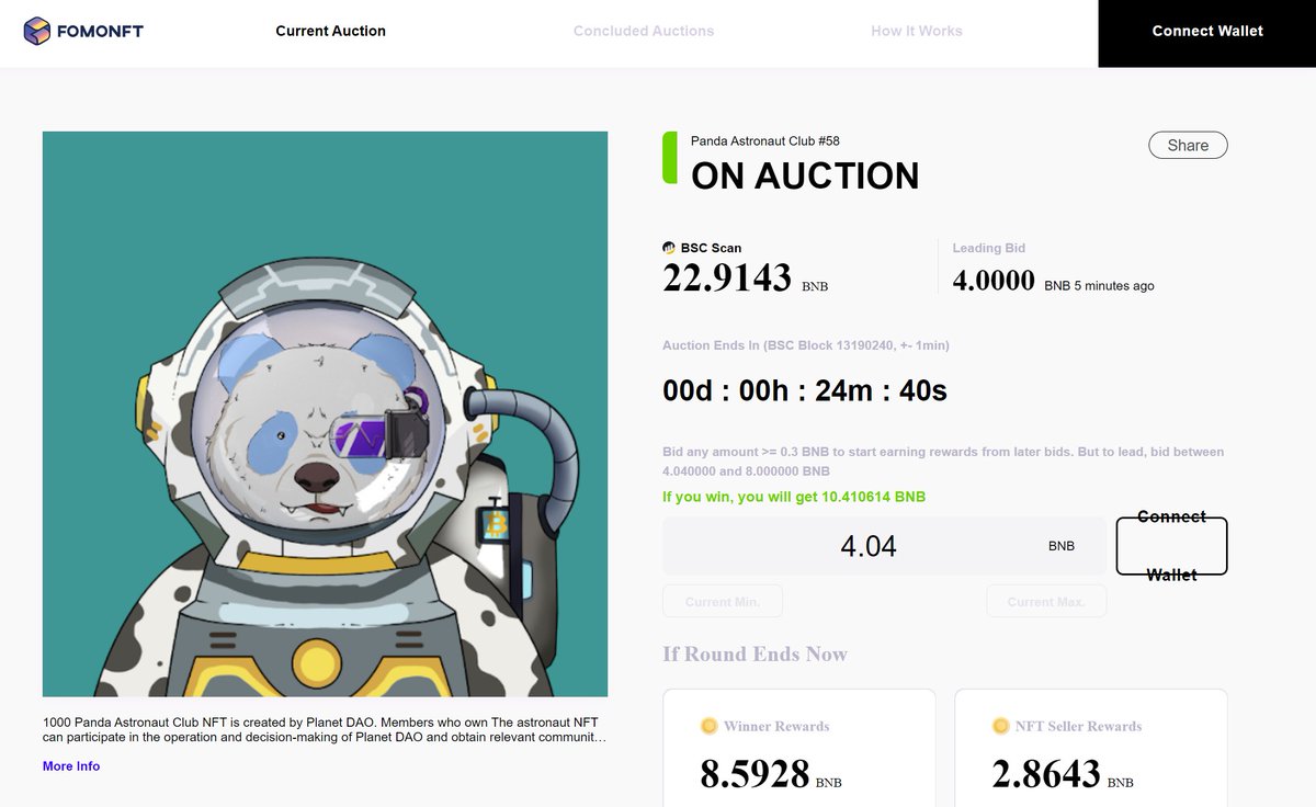 The Panda Astronaut Club #NFT 58 auction has begun! The current leading bid is 4 $BNB, with a total of 23 #BNB committed to the pool thus far. Join the bidding at fomonft.app.