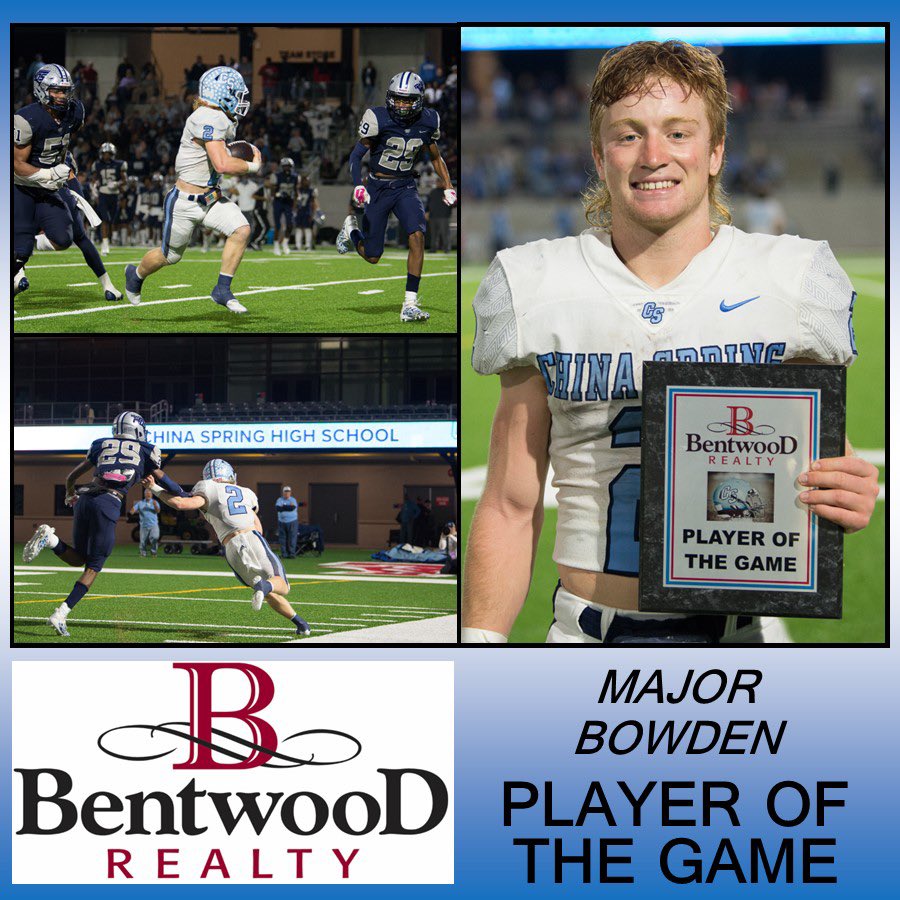 MAJOR. BOWDEN. Remember the name! Congrats to Major on being named the <a href="/BentwoodRealty/">Bentwood Realty</a> Player of the Game in last night’s quarterfinal matchup. Major scored 3 touchdowns and rushed for 284 yards! His highlight reel is UN.BE.LIEV.ABLE! #GoCougs <a href="/CS_Fball/">CS Football</a> <a href="/cscougarsports/">China Spring Athletic Booster Club</a>