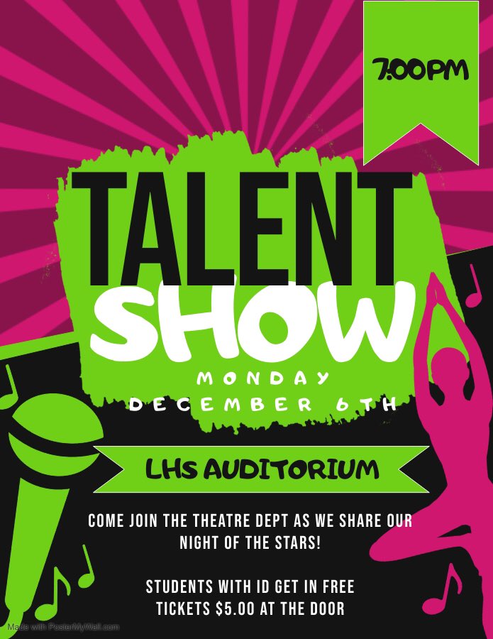 NEXT UP!! Night of the Stars ✨ Talent Show! Join us Monday evening for a night of fun. Students get in FREE with their LHS Student ID! #NOTSTS  #LHSTheatre