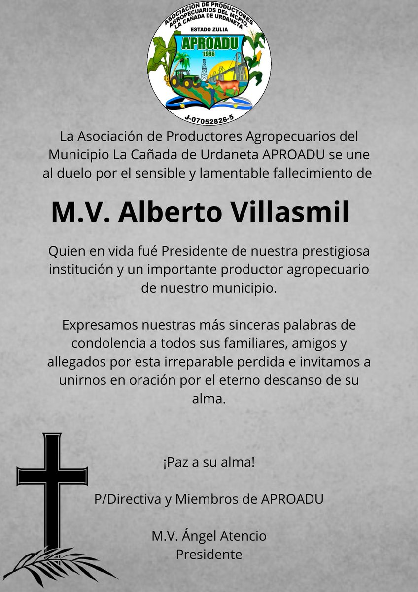 aproadulcu's tweet photo. Nuestras sinceras palabras de condolencia

#VenezuelaProductiva

#Aproadu ⠀
#LaCañadaDeUrdaneta #Zulia #Venezuela #Ganado #Ganadero #Finca #Hacienda #Parcela #Campo #Aprender #Tierras 
@Fedenaga @fegalago @Confagan @WernerGutierrez @INSAI_Zulia @MV_AngelAtencio @g_americo_avila https://t.co/bNIhuFUpta