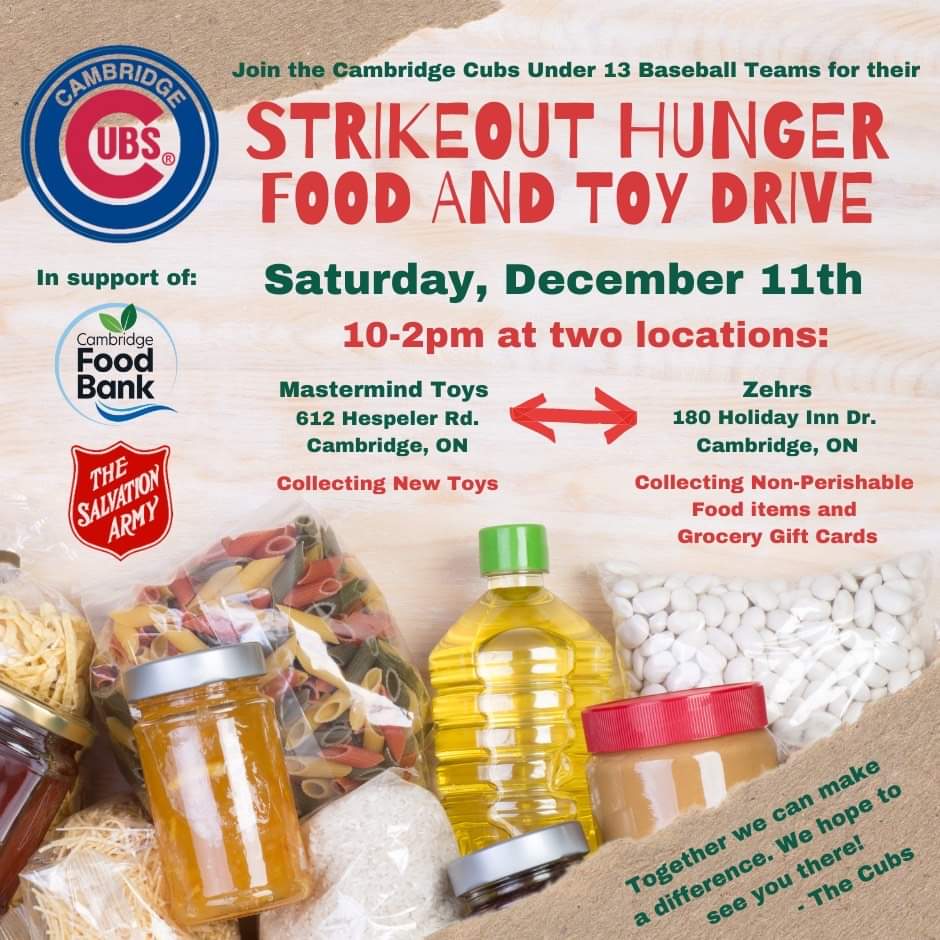 CMBA_baseball's tweet photo. If you’re out and about Saturday, December 11th visit our U13 Cambridge Cubs between 10am-2pm @mastermindtoys on Hespeler Road and/or @zehrs_hespeler and make a donation!  #togetherwecanmakeadifference 
@cambfoodbank @salvationarmycanada https://t.co/ORp2pGfid9