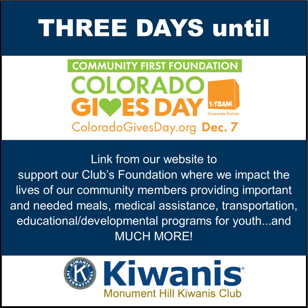 When you support us via #COGivesDay2021, you increase our impact with meals, transportation, medical assistance, youth leadership &amp; education opportunities...AND MUCH MORE!! 
monumenthillkiwanis.org/mhk/
#COGivesDay2021 #MakeADifference #KiwanisCares