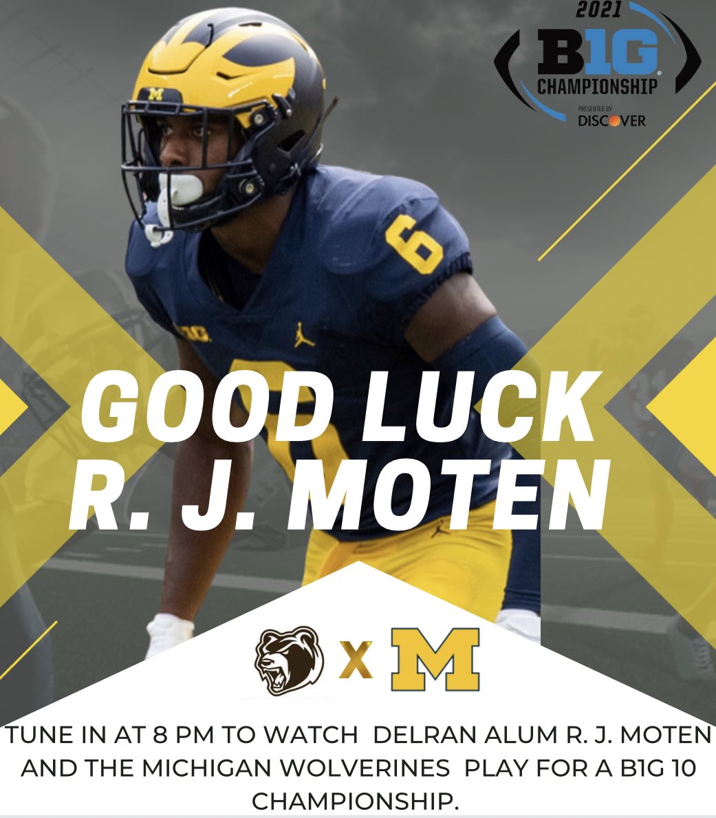 Good luck to RJ Moten <a href="/rjmoten_/">rj moten</a> and the Michigan Wolverines as they play for the Big Ten championship tonight🐻🏈 #BearDown