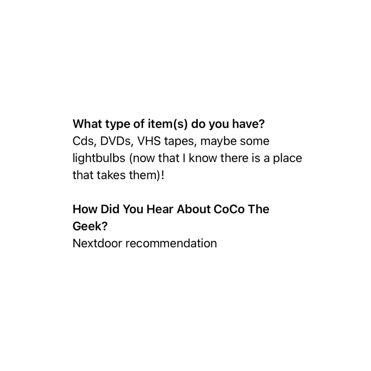 CoCoTheGeek's tweet photo. โ
Yep we accept media and light bulbs. We are here to service our local residential communities.
๐กIf you arenโt using the #NextdoorApp for your small business you are missing out on potential clients! https://t.co/YqQYlOlB1u