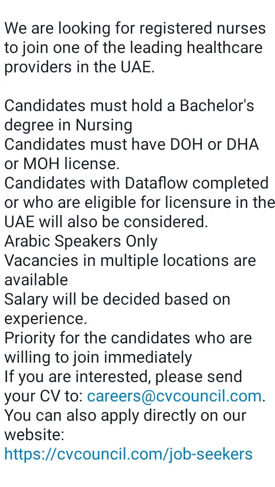 #jobs #vacancies #hiring   #UAE #وظائف #nurses #ممرضين #تمريض #ممرضات