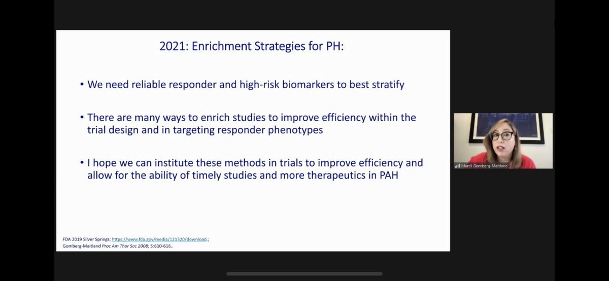 Dr Gomberg-Maitland describes a few enrichment strategies: using risk scores, adaptive enrichment with continued enrollment and randomization discontinuation trials, all aimed at identifying reliable responder and high-risk bio markers to best stratify. #CVCT2021 @DrRaniKhatib