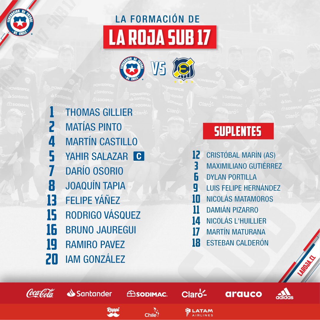 LaRoja's tweet photo. 🚨 Formación de #LaRojaSub17
🙌 Estos son los 11 jugadores que dispuso Hernán Caputto para el encuentro ante @evertonsadp por la #Fecha3 de la #CopaSub17 Carlos Campos Silva 🏆
📲📹💻 EN VIVO: https://t.co/f1nlNd1L0y
#VamosLaRoja #VamosChile https://t.co/KeYc1UPe23