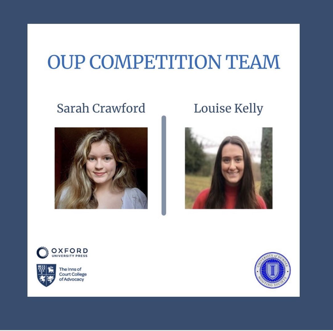 Congratulations to Louise and Sarah for making it through to the second round of the OUP Mooting Competition! Best of luck for the next round 🎉💙🎉