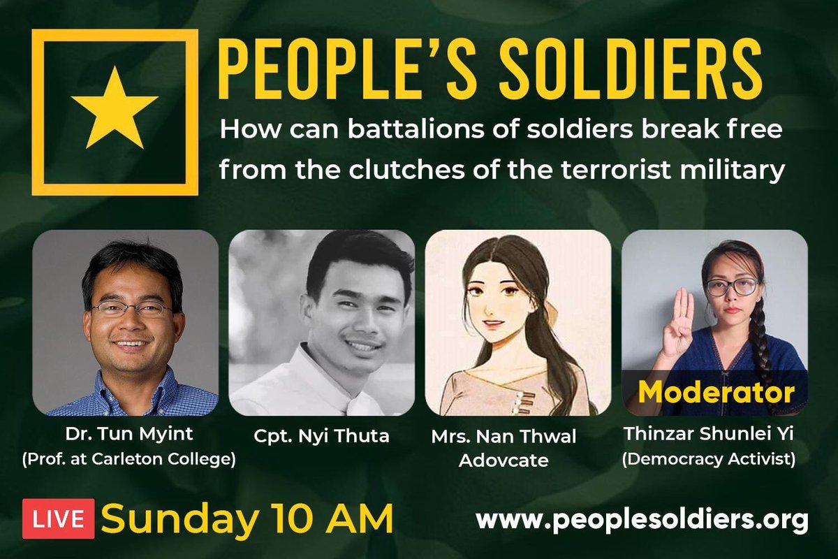 peoplesgoal2022's tweet photo. For our Sunday discussion tomorrow at 10:00 am, we will have Prof. Tun Myint (Professor of Political Science at Carleton College) speak with us about issues of transitional justice &amp; how soldiers can break away from the military. #WhatsHappeningInMyanmar #PeopleSoldiers https://t.co/e7K12lzbUd