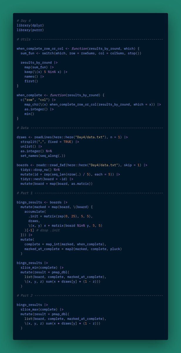 Had time to catch up on the #AdventOfCode in #RStats 

Total number of loops until Day 4: zero 😬
(yes, I'm aware that purrr::accumulate wraps around a loop)