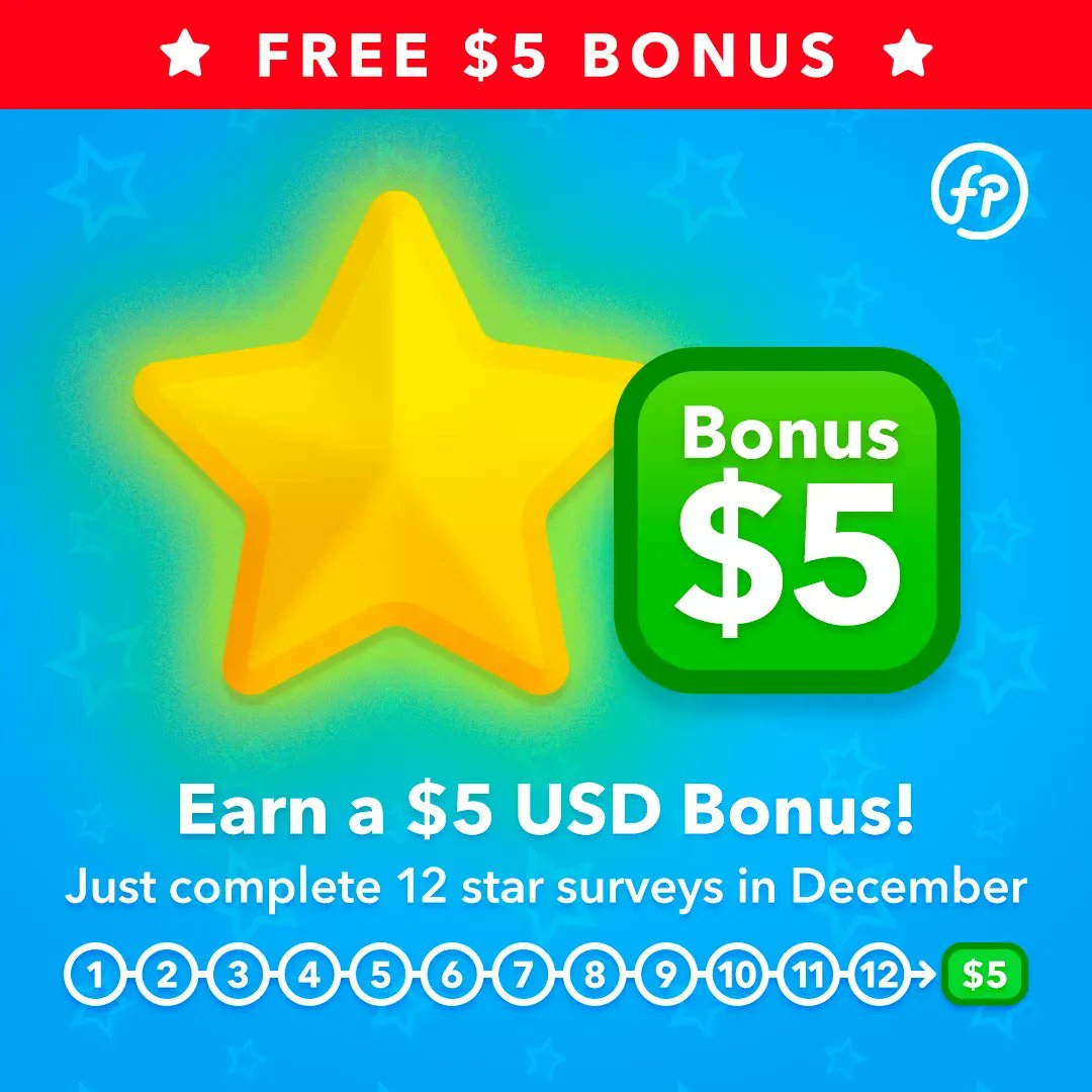 ⭐️ FREE $5 USD BONUS ⭐️

Get an amazing $5 USD bonus by completing 12 star surveys during December.

Go to featurepoints.com to earn your $5 bonus now!