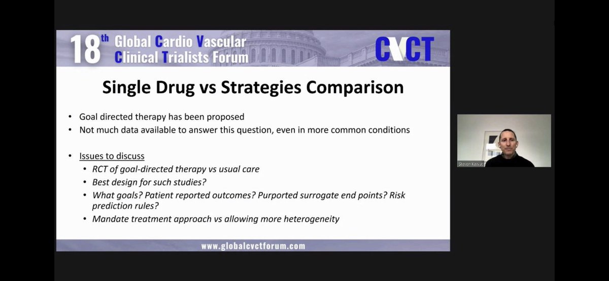 Excellent presentation by Dr @KawutSteven on practical issues to consider with PAH trial designs: 1. Background therapy 2. Placebo vs active control 3. Add-on vs Replacement 4. Single drug va strategies comparison. #CVCT2021 @drdargaray @DrRaniKhatib @CVCTForum