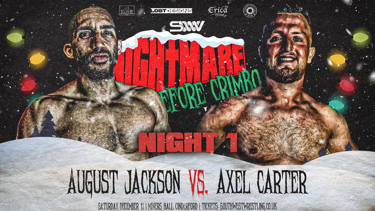 swwwrestling's tweet photo. August Jackson returns to an SWW ring this Crimbo as he takes on the debuting Axel Carter.
Night 1 | Saturday Dec 11 | Miners Hall, Cinderford
🎟 https://t.co/VHBE9AengU
#SWW #NBCWeekender🎄#Night1 #Night2 #Wrestling #Cinderford #Bristol #FoD https://t.co/SoQuOwDvFh