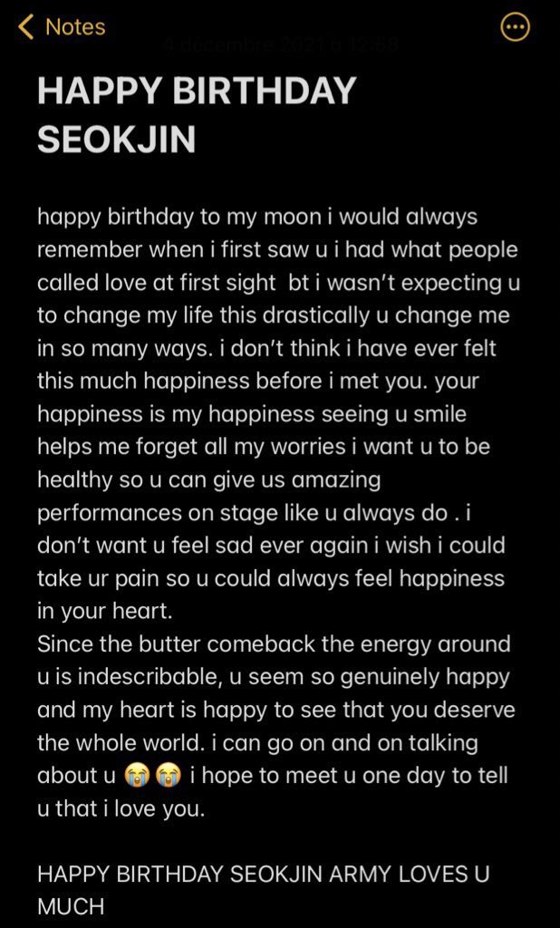 my little letter for seokjin i always have a hard time putting my feelings into words especially in english bt i tried the best i can happy birthday seokjin 💜 #HappyJinDay
#ForeverYoursJin
#OurUniverseJin
#WorldwideSingerJin
#TheBestGiftJin
#OurDecemberAngel