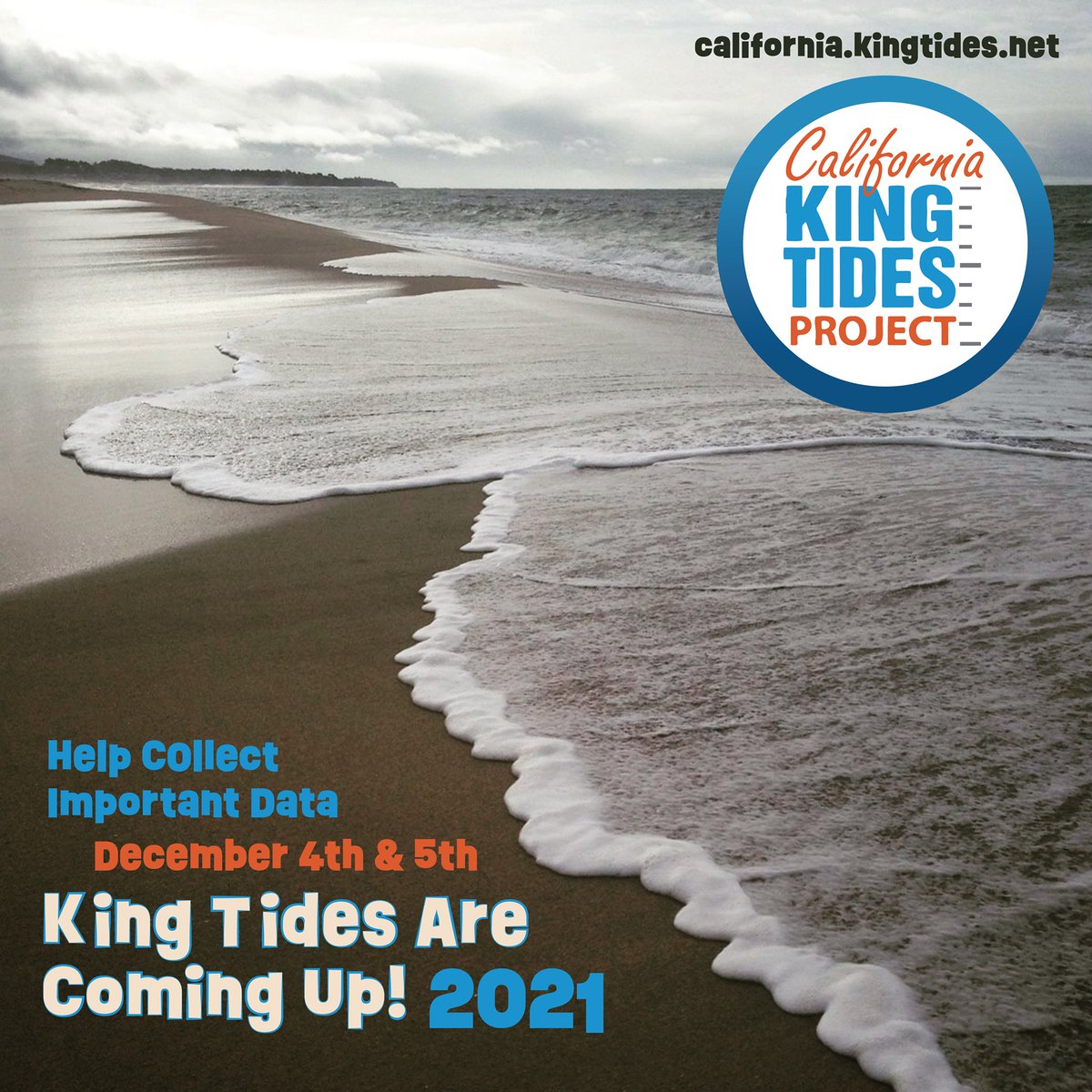 Photo of beach with King Tides dates and logo