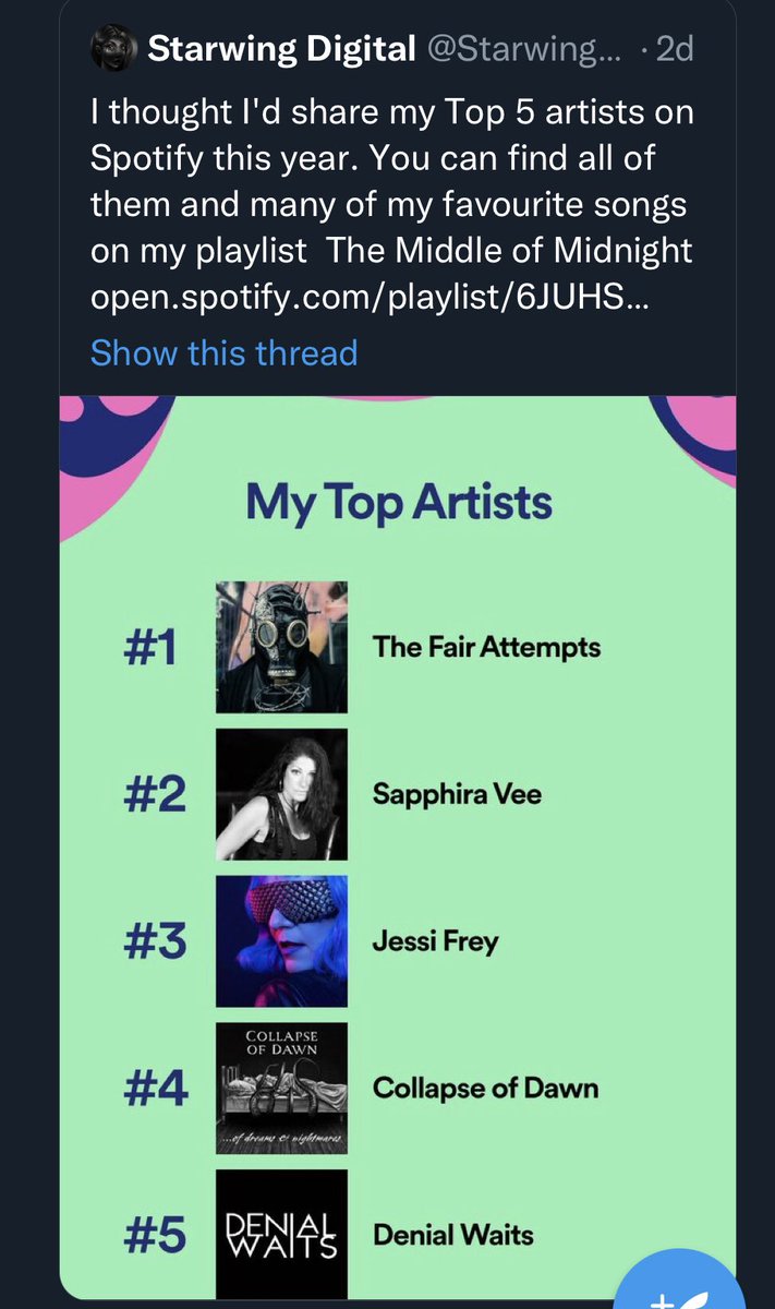 Sapphira Vee 💎Fortune💎 (@sapphira_music) on Twitter photo This melted my heart, seeing myself and <a href="/CollapseOfDawn/">Collapse of Dawn</a> on this list today. <a href="/StarwingDigital/">Starwing Digital</a> is a bad ass woman, half of one of my favorite bands <a href="/TheFairAttempts/">The Fair Attempts</a> and science fiction author of “Dreaming Your Dream”. Check out “Middle of Midnight” open.spotify.com/user/r4s3ytm0q… This melted my heart, seeing myself and <a href="/CollapseOfDawn/">Collapse of Dawn</a> on this list today. <a href="/StarwingDigital/">Starwing Digital</a> is a bad ass woman, half of one of my favorite bands <a href="/TheFairAttempts/">The Fair Attempts</a> and science fiction author of “Dreaming Your Dream”. Check out “Middle of Midnight” open.spotify.com/user/r4s3ytm0q…