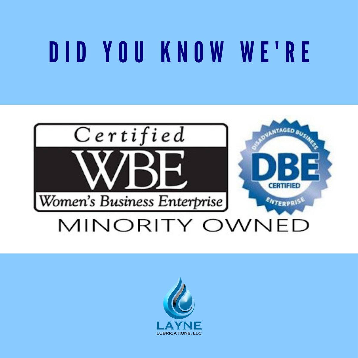 laynelub's tweet photo. Are you looking to help fulfill your subcontractor goals? We can help you work towards meeting and contributing to your MWBE/DBE and sub- Contractor goals. Layne Lubrications is WBE, MBE &amp; DBE certified! #ctwomanowned #ctsmallbusiness #wbemc #wbecertified #wbe  #wbencnetwork https://t.co/VWSvmcQqc6