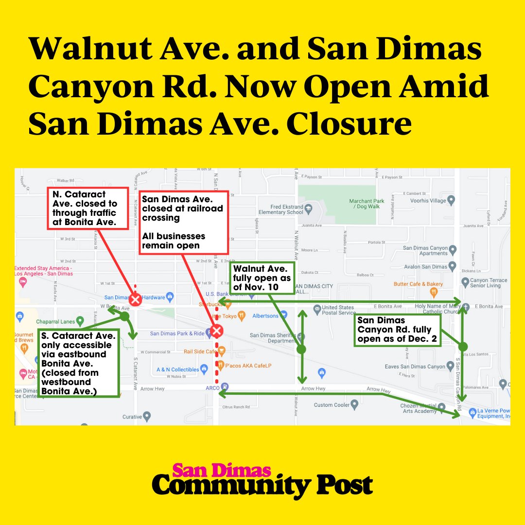 SDCPost's tweet image. #TrafficAdvisory: San Dimas Avenue is closed at the railroad crossing. All businesses remain open, and access to the Park and Ride will be maintained during construction. Both Walnut Avenue and San Dimas Canyon Road are now reopened.

#sdcp #sandimas #goldline #iwillride