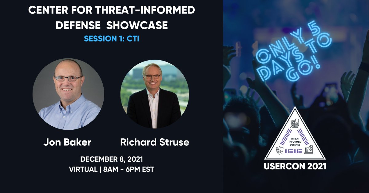 MITREattackDef's tweet photo. 5 Days to Go! @ the #TIDUSERCON @RichardStruse &amp; @JonathanOBaker share freely available technical resources developed to expand the application of @MITREattack in #CTI. They will highlight multiple projects &amp; dive into a demo of ATT&amp;CK Workbench. Join the https://t.co/NIArjrzv6S https://t.co/3JhACI8i7t