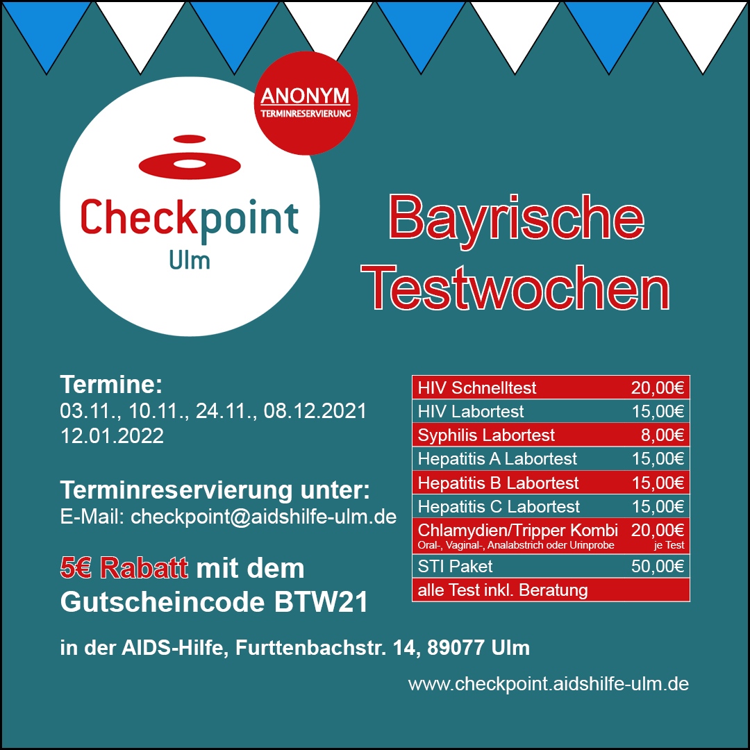 AIDSHilfeUlm's tweet photo. Bayrische Testwochen⁠
❓ schon getestet?⁠
👉Terminvereinbaren⁠
👣vorbeikommen⁠
% Bild zeigen oder Rabattcode nennen⁠
⁠
#checkpointulm⁠
#ulm⁠
#neuulm⁠
#albdonau⁠ https://t.co/3Rs68mBwJ3