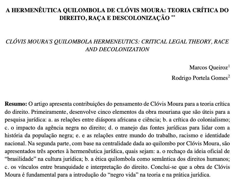 marcosvlqueiroz's tweet photo. Artigo novo na área!

Junto com meu parceiro de longa data, Rodrigo Portela Gomes, publicamos o texto "A Hermenêutica Quilombola de Clóvis Moura", que trabalha contribuições do pensamento mouriano para a teoria crítica do direito. 👇🏾 https://t.co/QD4NmfoEy1