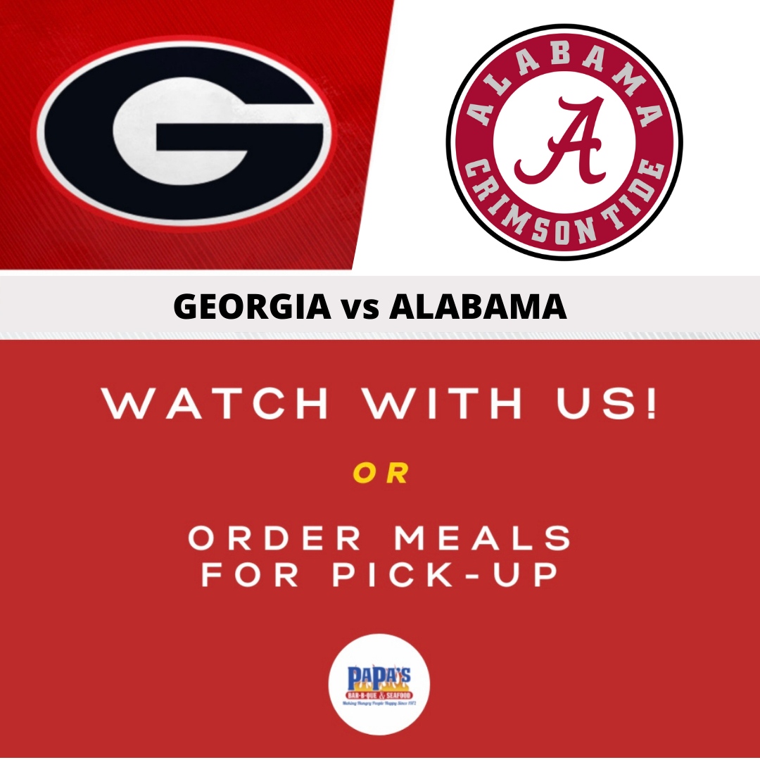 Georgia vs Alabama game today at 4. Come watch with us or pick up pints, pounds, and pans full of delicious food. We can make platters of BBQ on buns or chicken fingers. Give a call or order online!
