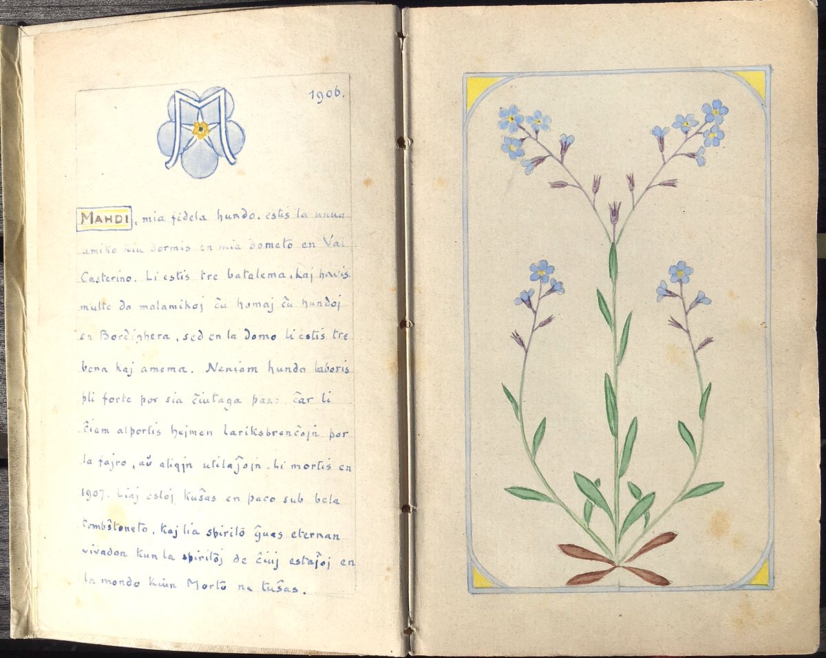 Book of guests in Esperanto. Clarence Bicknell wrote a page in Esperanto about each visitor and decorated the page with a botanical drawing, often developing the guest's initial into a monogram.Mahdi, Clarence's own dog. bit.ly/3csPxK1